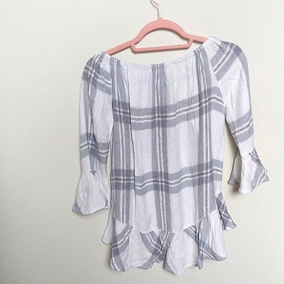 BeachLunchLounge Neutral Plaid Peasant Blouse Size XS - Picture 1 of 6